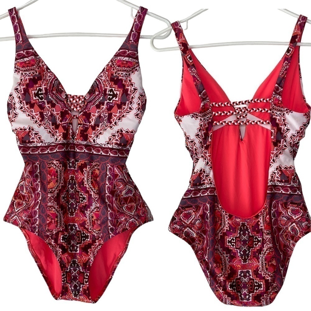 Becca Braided One Piece Swimsuit Exposed Back Multi Print Size S/P